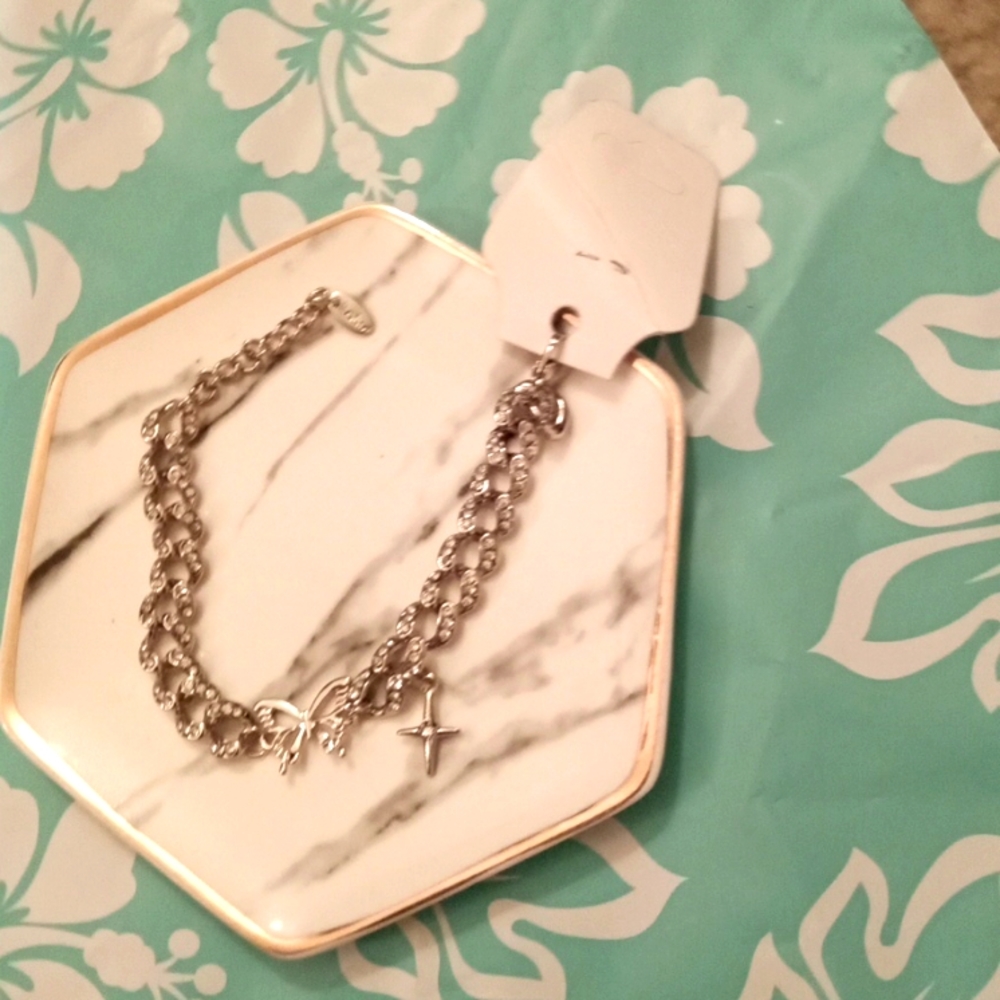 Silver butterfly and cross bracelet